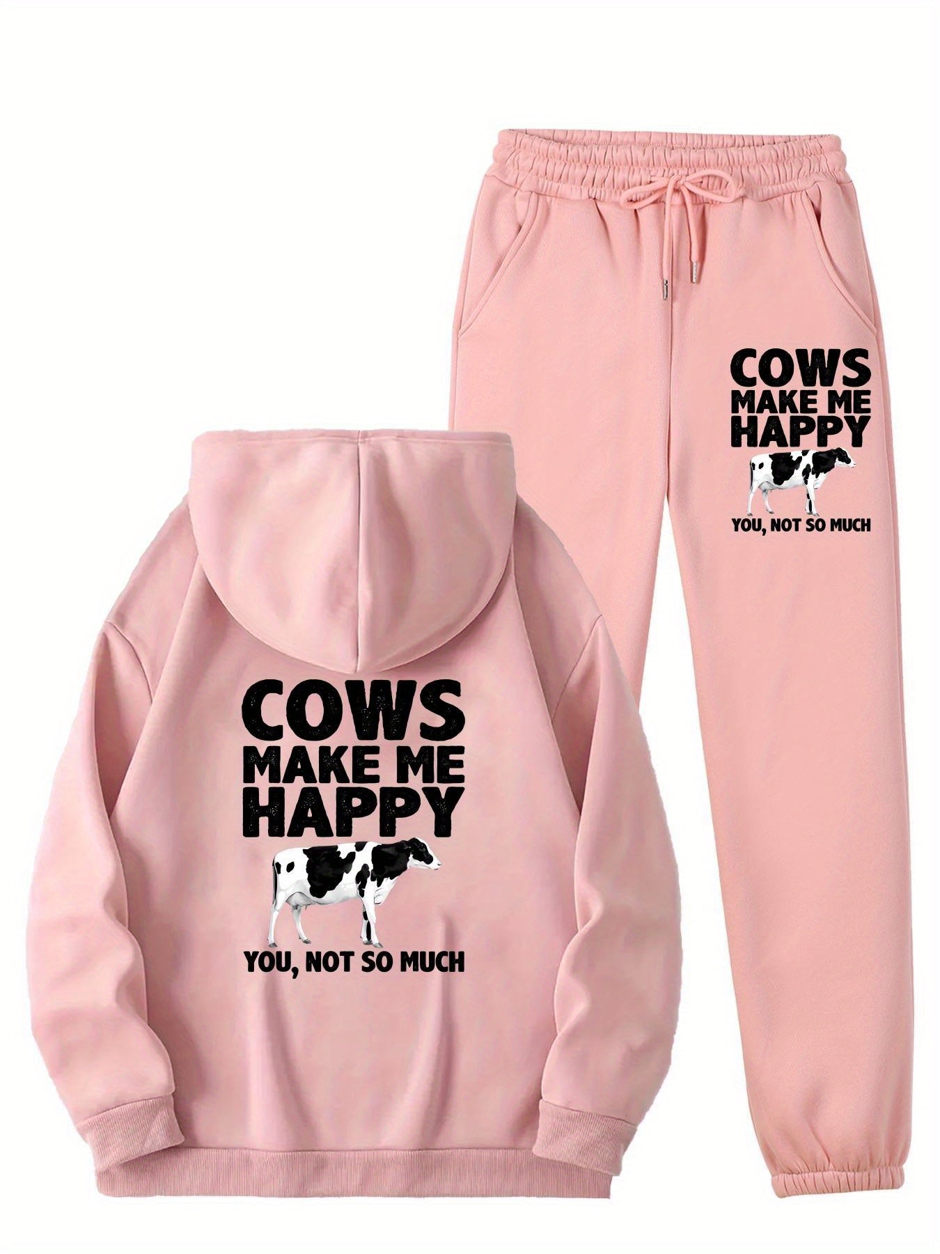 1set Women'S Casual Sportswear with Cow Print, Polyester 100% Long Sleeve Hoodie and Joggers Set, Crew Neck, All-Season Knit Fabric with Pockets